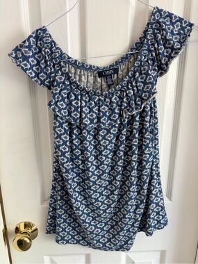 Chaps Denim Ralph Lauren Blue and White Printed Off-Shoulder Top